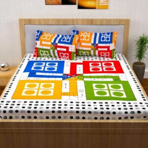 White & Blue Ludo Printed Double Bedsheet 104 TC with 2 Pillow Covers, one dice & 16 tokens
