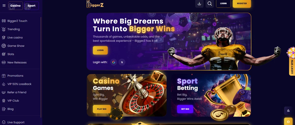 BiggerZ casino and sportsbook homepage