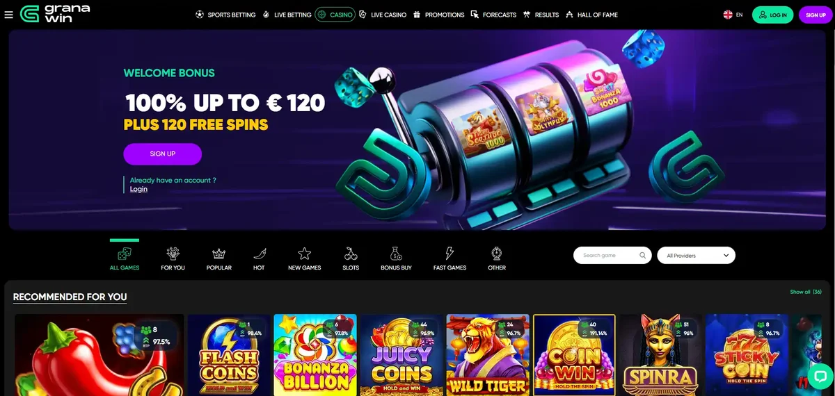 Grana Win casino lobby showing its welcome bonus and free spins