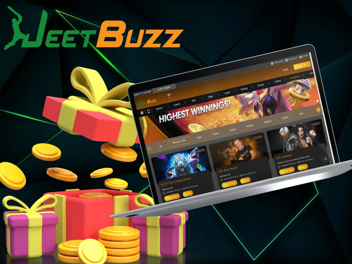 JeetBuzz casino platform shown on a laptop with bonus graphics