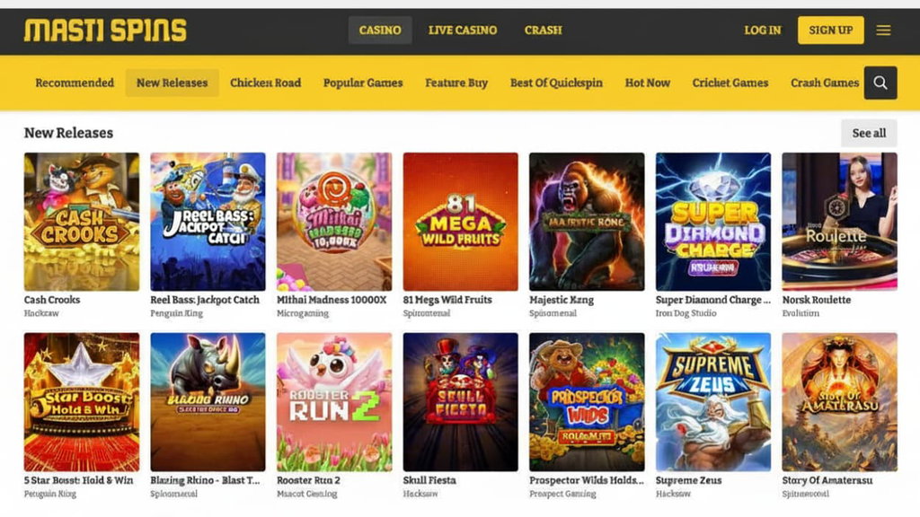 Masti Spins new releases grid of slot games